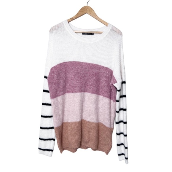 Doe & Rae Sweaters - Doe & Rae Knit Striped Long Sleeve Color Block Swoop Neck Oversized Sweater